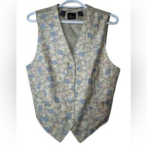 Vintage Lizsport Beige & Pastel Floral Linen Button-Up Vest